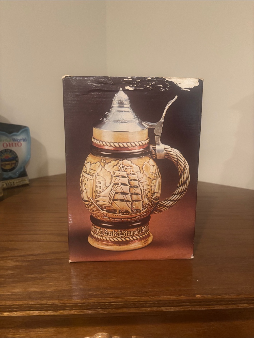 Decorative Ceramic Beer Stein with Pewter Lid - Brown & Gold